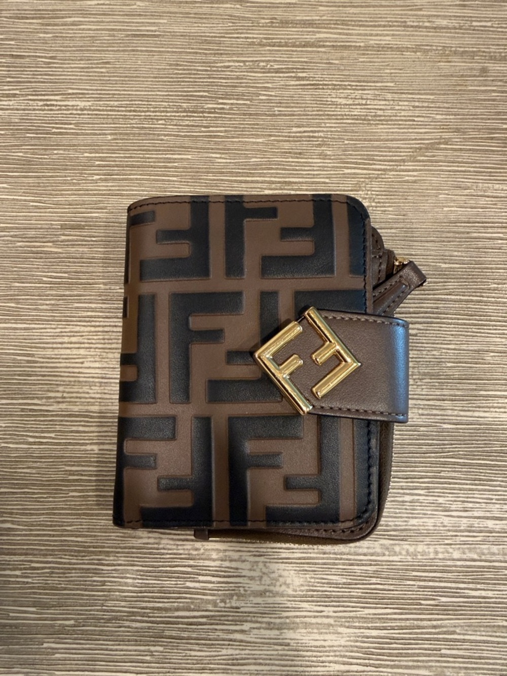 Fendi Brown and Black FF Logo Leather Zip Wallet with Gold Hardware